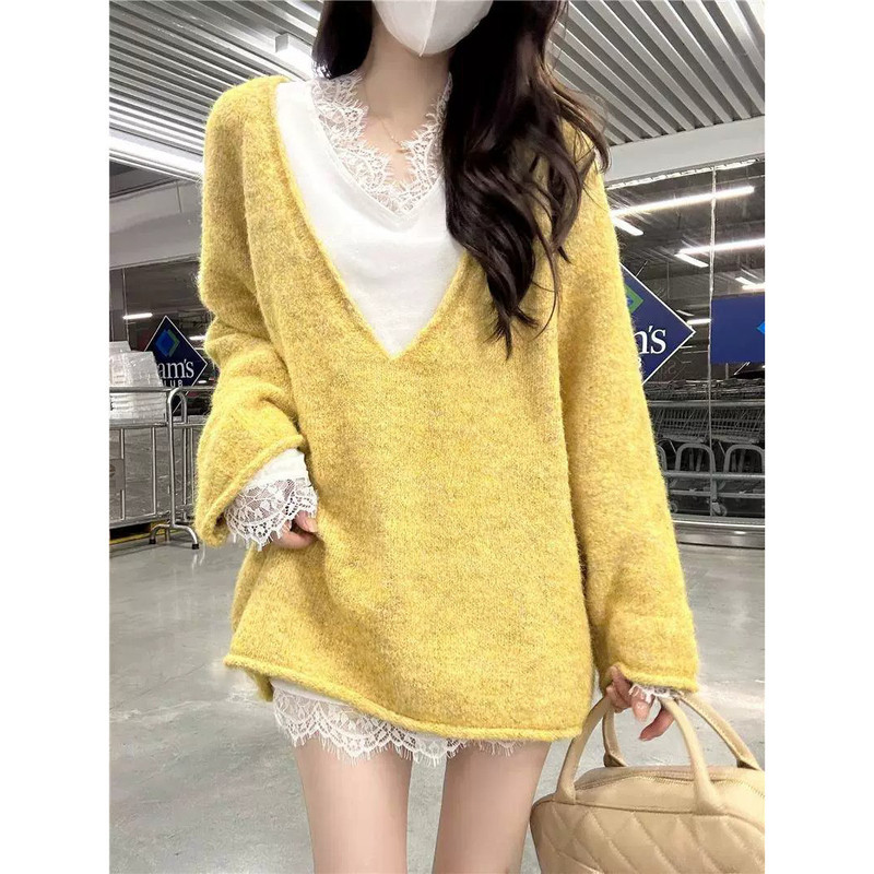 Curled Edge V-Neck Sweater for Women, Autumn and Winter European Style, Plus Size, Relaxed and Loose Fit, Soft and Cozy, Covers the Hips, Knitwear in Korean Style Curled Edge V-Neck Sweater for Women, Autumn and Winter European Style, Plus Size, Relaxed and Loose Fit, Soft and Cozy, Covers the Hips, Knitwear in Korean Style