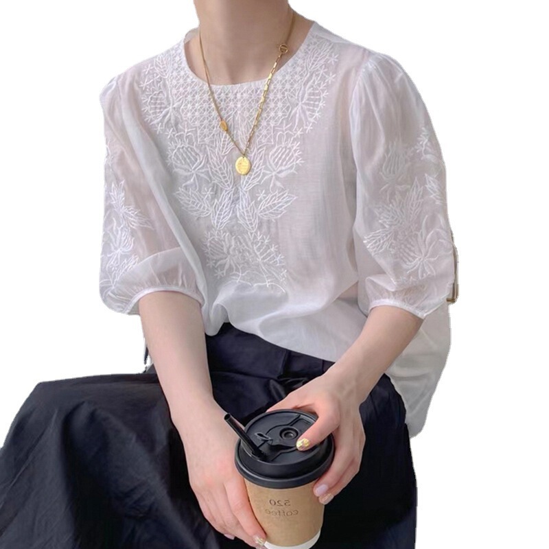 女性用重工業刺繍イミテーションテンセルシャツ、夏用薄手、ファッショナブルでスタイリッシュなパフスリーブトップス、ラウンドネック、七分袖シャツ|undefined