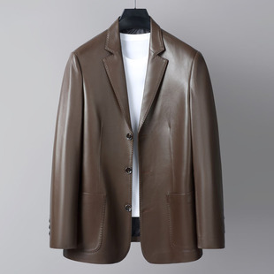 Haining Genuine Leather Men's Middle-aged Slim-fit Leather Suit Business Casual Sheepskin Jacket Soft Leather Small Suit Jacket