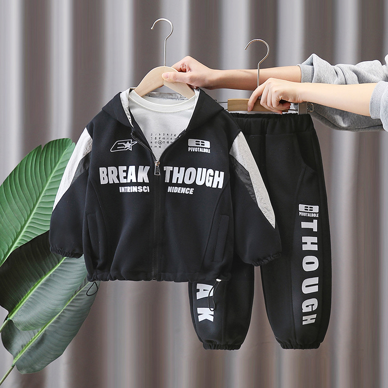 7085 traje negro para niños primavera y otoño ropa deportiva casual chaqueta con capucha estampada de primavera para niños traje de dos piezas