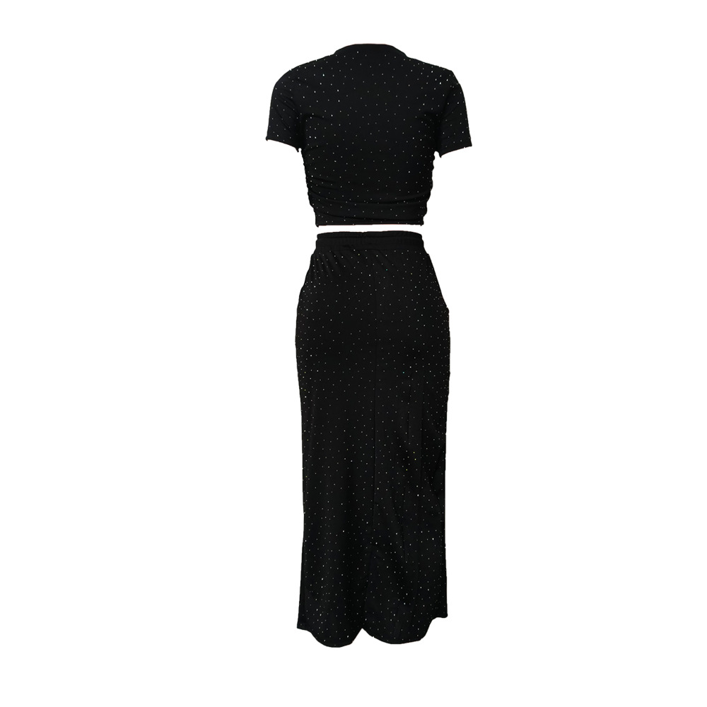 Completo due pezzi donna con strass abito lungo maniche corte_voghion.com
