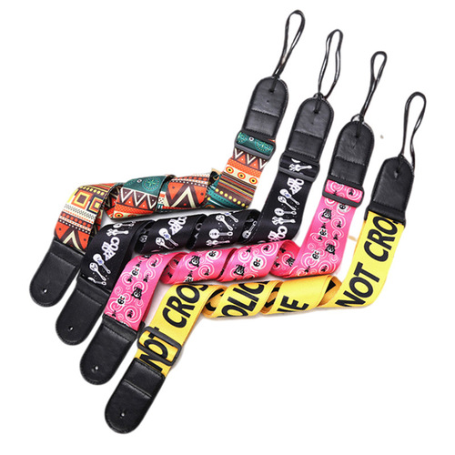 Adjustable PUNK Guitar Accessories with Logo Printing, Folk Wooden Guitar Strap with Hand-painted Colorful Prints, PU Leather Strap