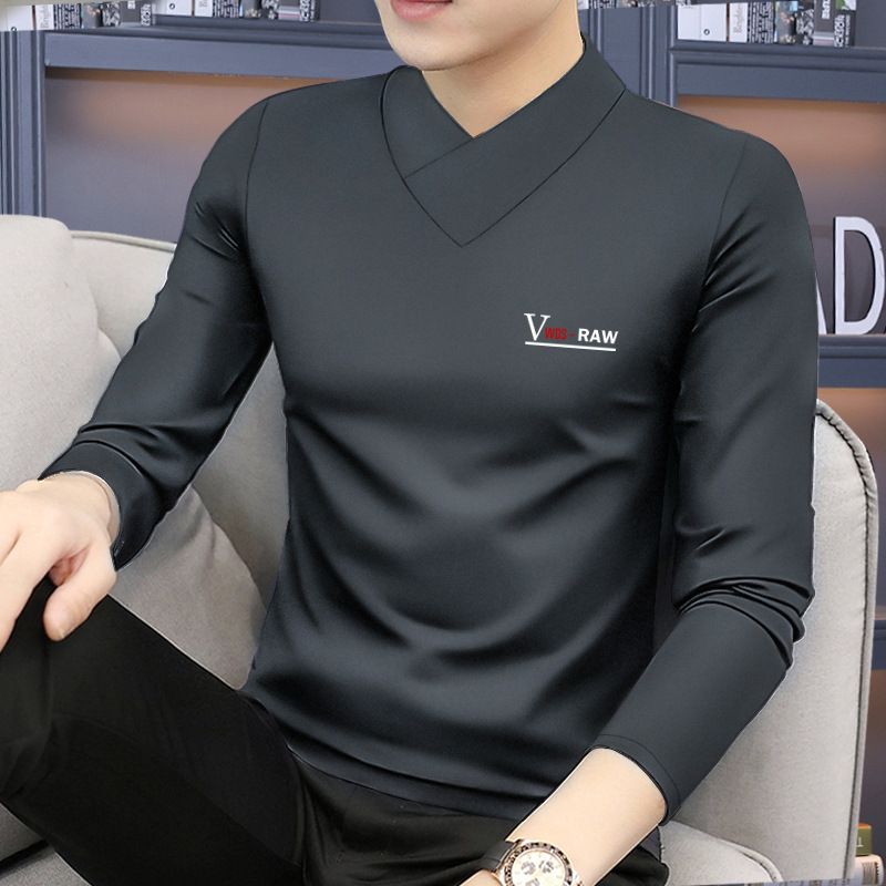 모달 긴팔 티셔츠 남성용 하프 하이 칼라 가을베이스 셔츠 가을 옷 남성용 탑 중간 칼라 면 순수 가을 옷