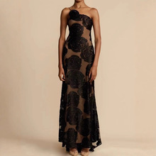 2025跨境亚马逊款速卖通性感烧花吊带斜肩花朵长裙礼服裙HY105