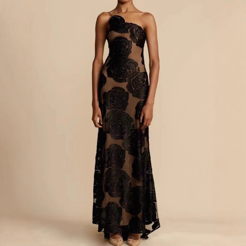 2025 Cross-border Amazon AliExpress Sexy Burned Flower Strap Slant Shoulder Flower Long Dress Dress HY105