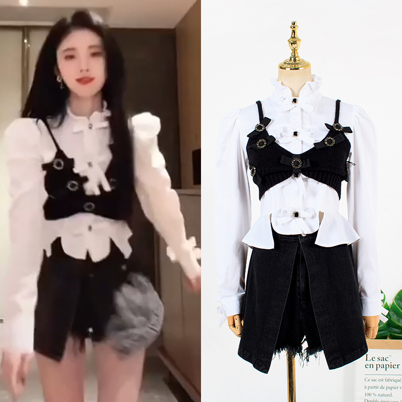 鞠婧祎抖音同款白色长袖衬衫黑色吊带两件套上衣高腰个性短款裤子|ru