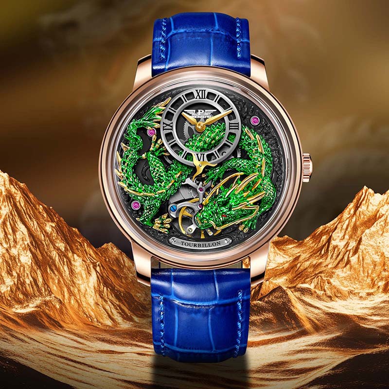 Đồng hồ nam automatic lộ máy chống nước dây da — Hoa hồng vỏ hoa hồng da đen, Hồng vỏ Hồng Long Blue Skin, Hoa hồng vỏ hoa hồng da xanh, Hồng Shell Green Dragon Da đen