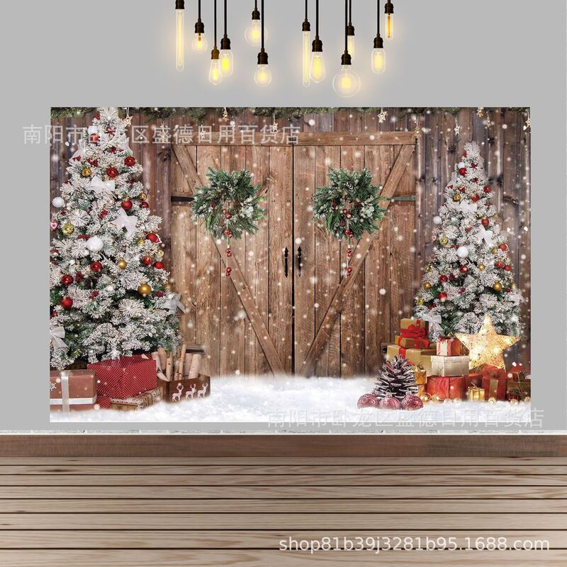 Winter Christmas Rustic Barn Wooden Door Photography Backdrop Cloth Christmas Tree Snow Photo Family Party Decoration Banner