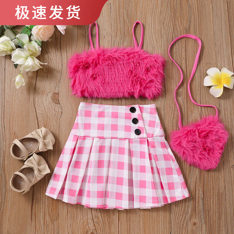 Baopin Children's Wear European and American Summer Mao Sling Plaid Printed Twist Buckle Pleated Skirt with Bag Spice Girl Set