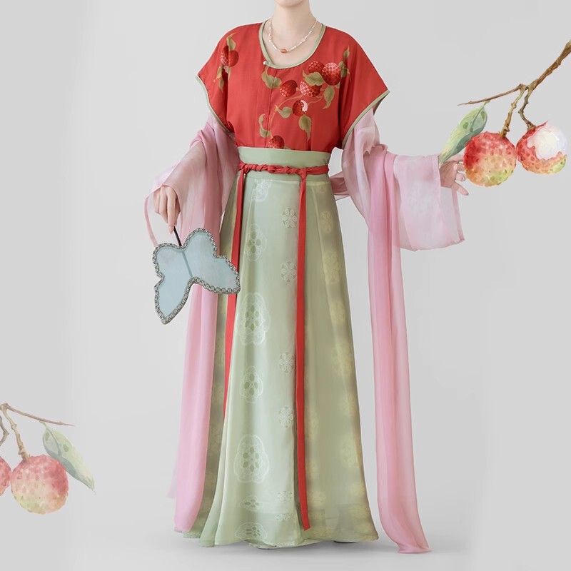 Original Tang-Style Hanfu for Women, Spring and Summer [Little Lychee] Printed Tang-Style Waist-Length Eight-Panel Skirt, Improved Daily Summer Style