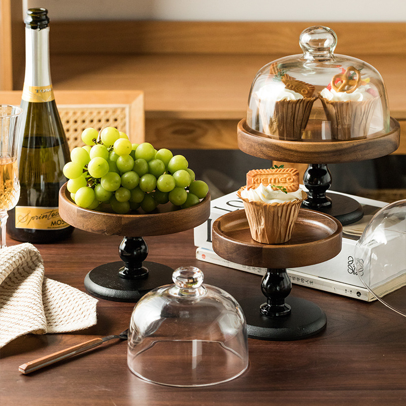 Wooden Tall Tray Acacia Wood Dessert Fruit Plate Dustproof Glass Cover Tasting Plate Tall Porcelain Plate