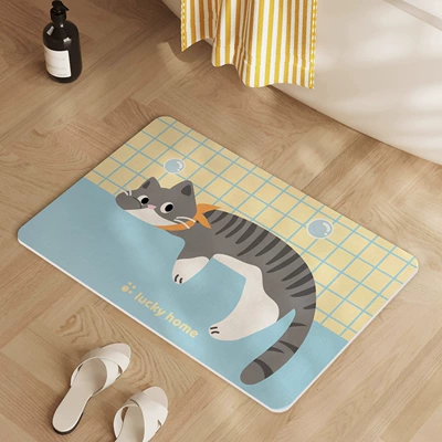 New Cartoon Hard Diatom Mud Bathroom Floor Mat Shower Room Door Absorbent Quick-Drying Carpet Bathroom Non-Slip Foot Mat (Avtomobil döşəmə paspasları) - wall-climbing-little-gray-cat-square-white-background-396009cm