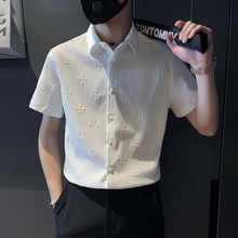 冰丝短袖衬衫男夏季潮牌高级感白色薄款修身衬衣潮流痞帅男装衣服