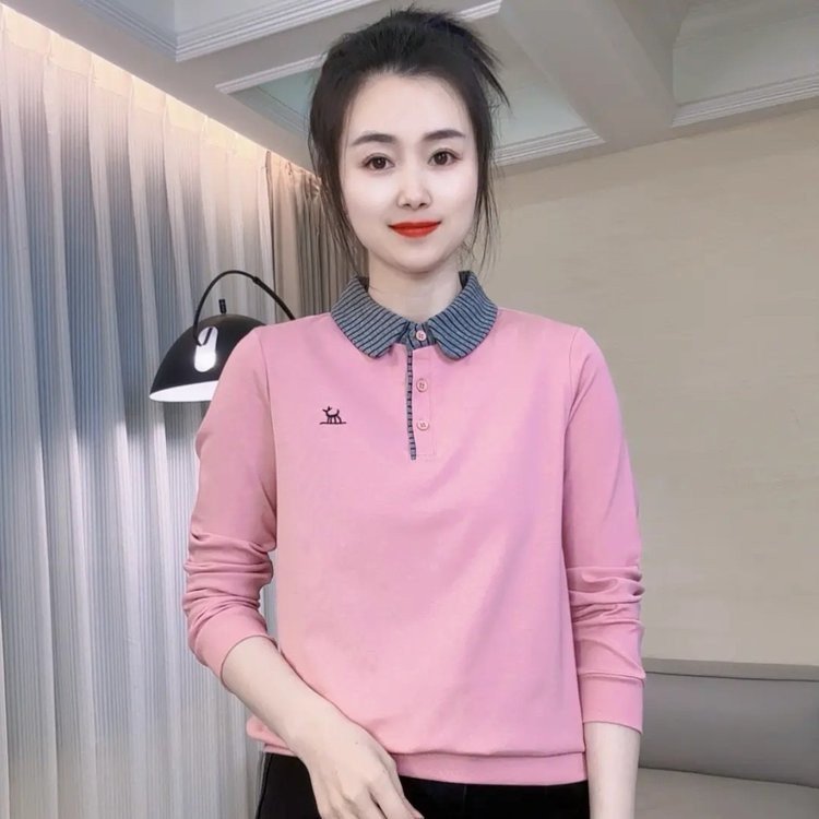 一件代发直播爆款2025秋季新款是拼色刺绣洋气百搭显瘦长袖打底衫|undefined