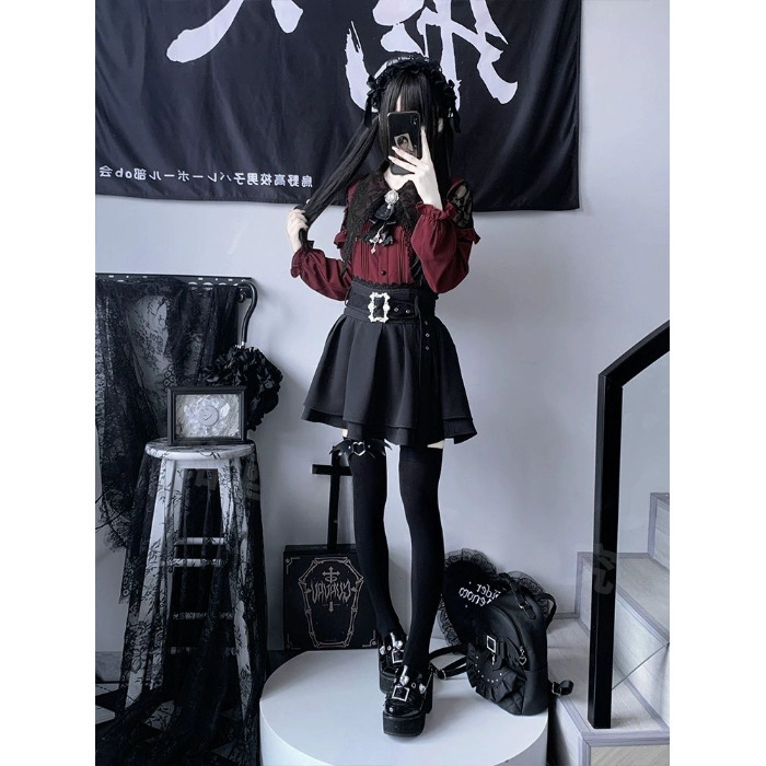 雷系裙子穿搭量产型风琴褶长袖衬衫背带裙服装地蕾蕾服系半裙下|undefined