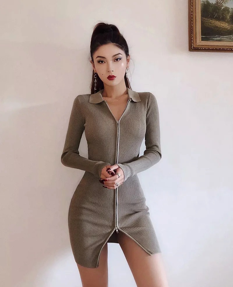 all-match zipper knitted collar dress NSAC23176