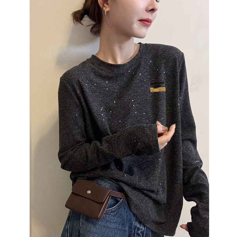 American Retro Square Letter Print Right Shoulder Round Neck T-Shirt Women's Autumn and Winter New Sequin Decorative Bottoming Shirt Top