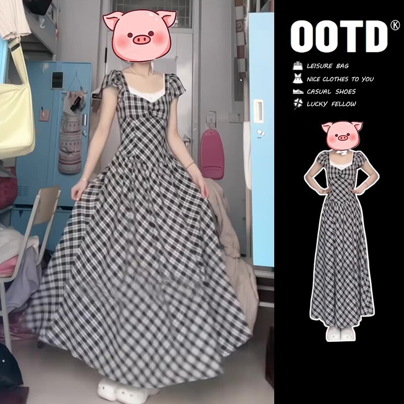Little Flying Sleeve Plaid Dress Women's Summer 2025 New French Style High-Quality Temperament Waist Slimming Maxi Skirt Little Flying Sleeve Plaid Dress Women's Summer 2025 New French Style High-Quality Temperament Waist Slimming Maxi Skirt