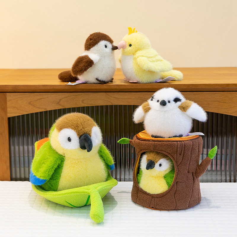 Pájaro loro peluche gorrión gorrión hoja árbol agujero muñeca muñeco elfo regalo para niños pájaro artificial