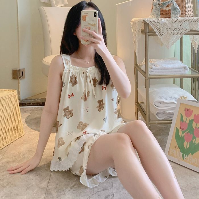 Venta al por mayor transfronteriza verano nuevo pijama mujer pantalones cortos sin mangas lindo estampado de dibujos animados espuma traje de encaje suave