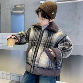 男童呢子大衣外套秋冬款25新款冬季加绒加厚中大儿童男孩冬装棉服