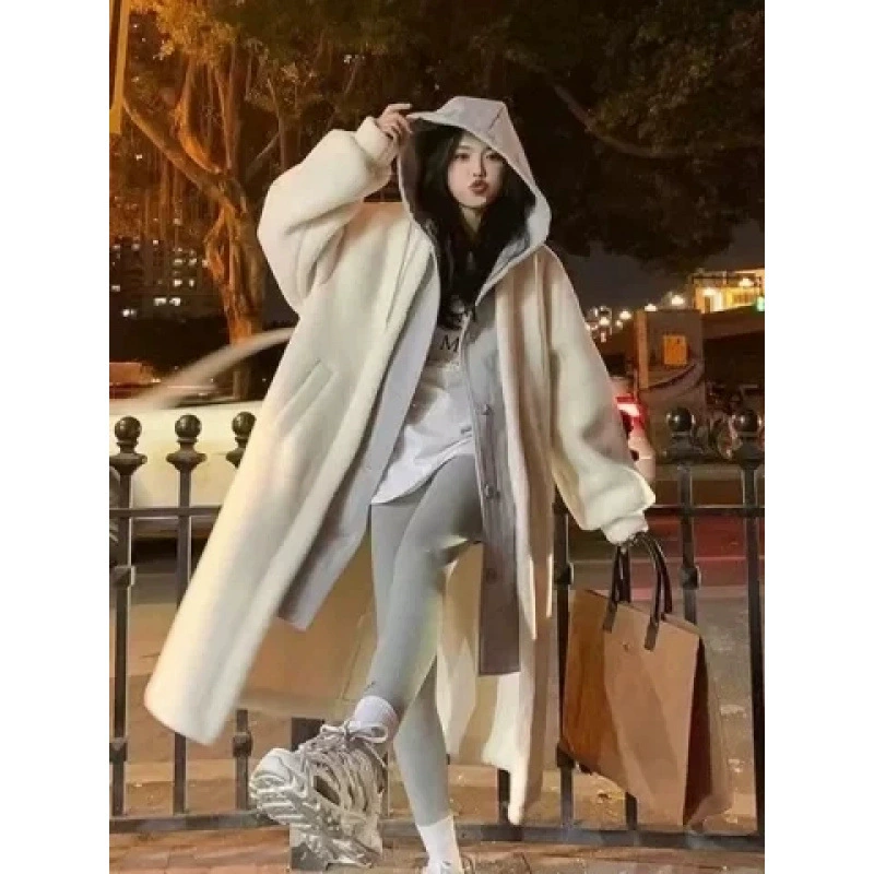 [Размер] Корея chic осень-зима новый длинный пальто из баранины, дикие свободные модные пальто ins