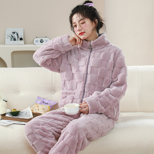Women's and Men's Autumn/Winter Flannel-Plus-Thickness Stand-Neck Hooded Zip-Up Coral Fleece Pajama Set for Outwear