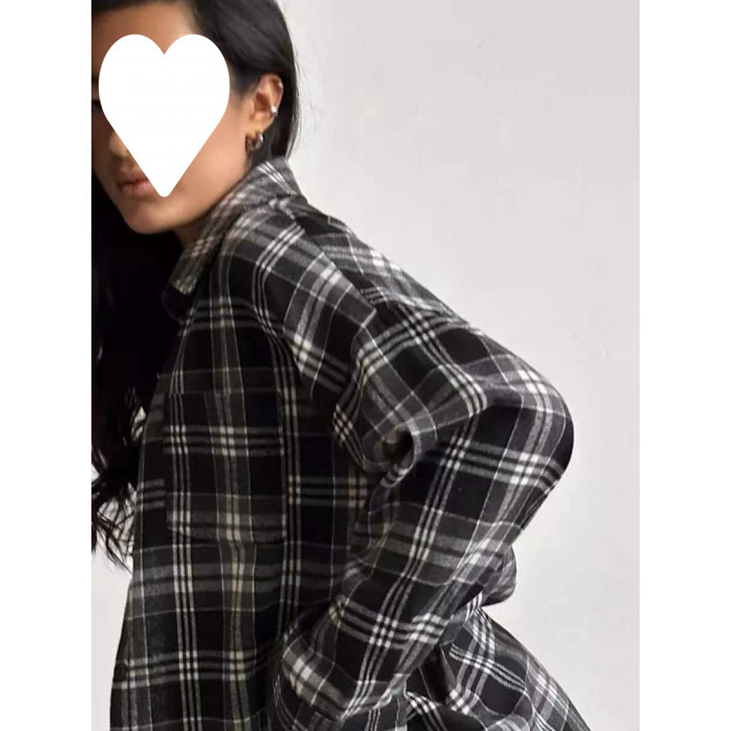 亚马逊跨境2025秋季复古风百搭翻领宽松衬衣格纹长袖口袋女式衬衫|undefined