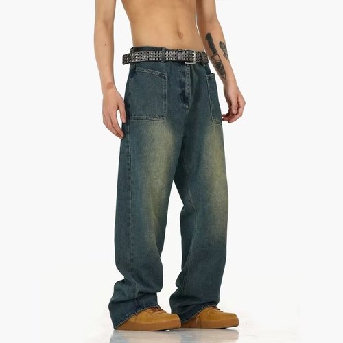Retro blue straight-leg slimming jeans with high-waist loose design, earthy yellow mud rinse, distressed American-style wide-leg pants