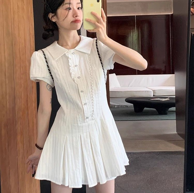 (With Lining) College Style Shirt dress Women's Summer Waist Small Designing Lapel Bubble Sleeve Short