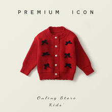 女童红色针织开衫2025秋冬新款中小童韩版蝴蝶结长袖毛衣一件代发