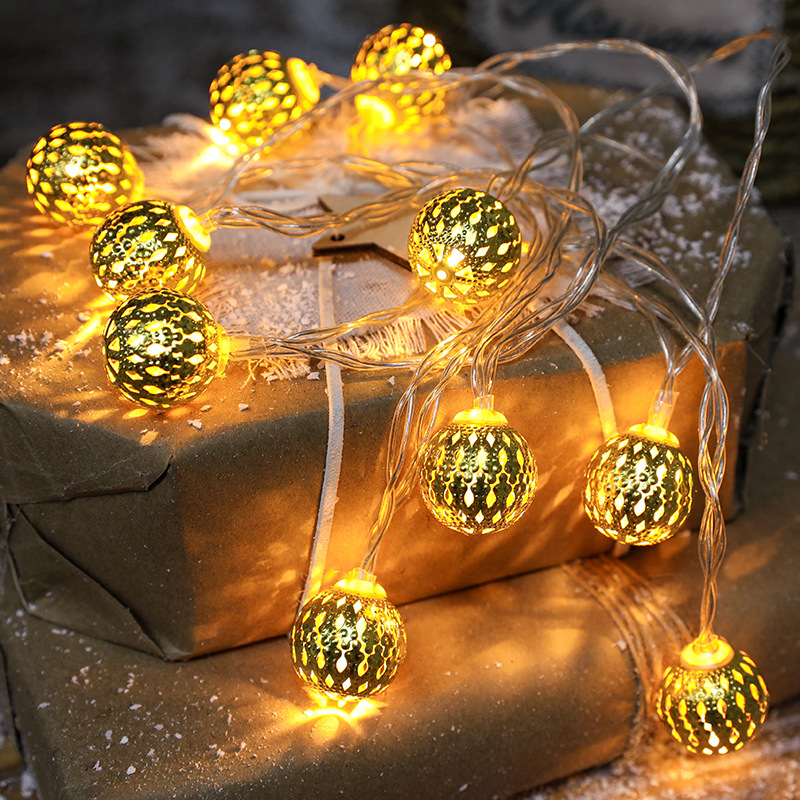 Transfronterizo de Navidad Marruecos bola de luz cadena de hierro hueco estrella de cinco puntas Bola de copo de nieve árbol de Navidad LED Cadena de luz de color
