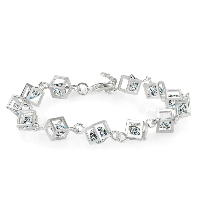 Bracelet cube charms, silver-plated with colored crystals — 12-piece set, adjustable chain