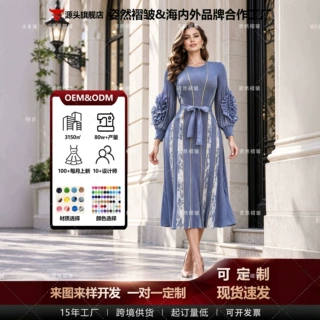 欧美复古宫廷风女装圆领蕾丝拼接连衣裙立体花朵荷叶袖绑带收腰裙