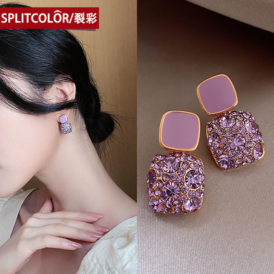 2021新款潮S925銀針韓國紫色複古方塊滿鑽滴油網紅耳釘甜美耳飾女