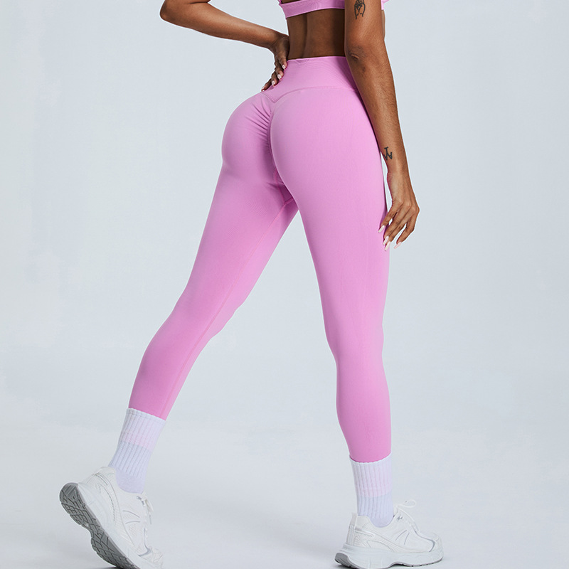 Nuevos pantalones de fitness sin costuras transfronterizos, pantalones de chándal ajustados de lycra transpirables, pantalones de yoga para correr con cintura alta y caderas, mujeres