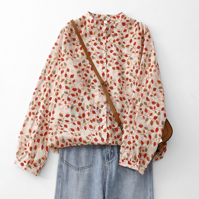 复古文艺立领长袖衬衫女百塔薄款碎花衬衣女2025秋季新款上衣潮