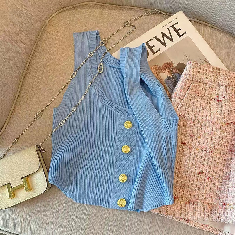 Las niñas de verano nuevo oro hebilla de punto camisola estilo coreano cuello redondo sin mangas de moda océano corto punto chaleco moda