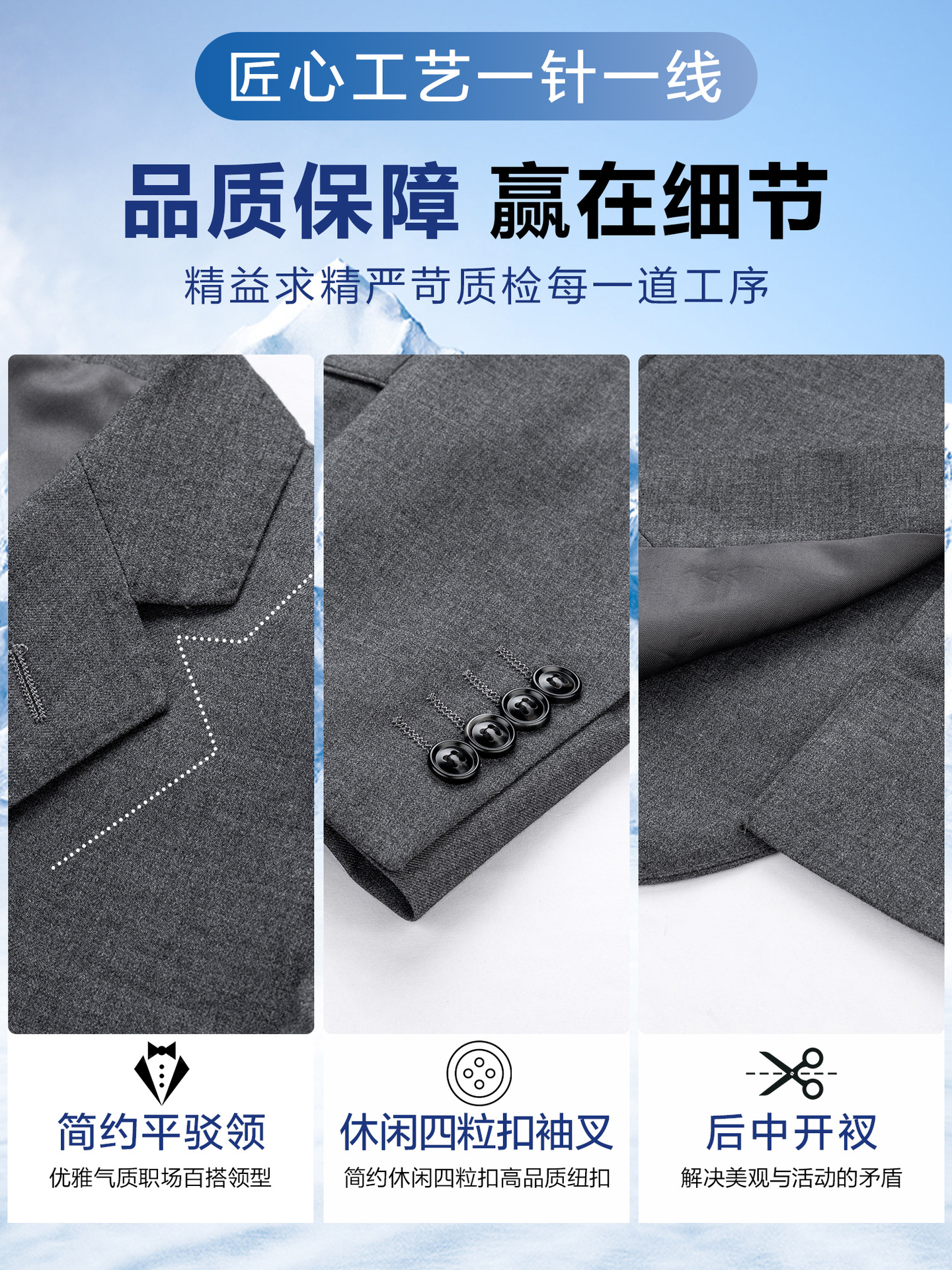Trajes de hombre trajes casuales de hombre chaqueta de cuello plano trasero abertura de dos botones gris ropa de trabajo formal