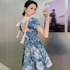 夏季新款莫奈花园宫廷油画气质收腰蓬蓬连衣