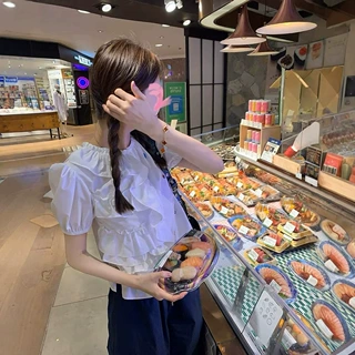 现七30/章章圣马丁女孩 清爽荷叶边不对称设计感钉珠泡泡袖衬衣女
