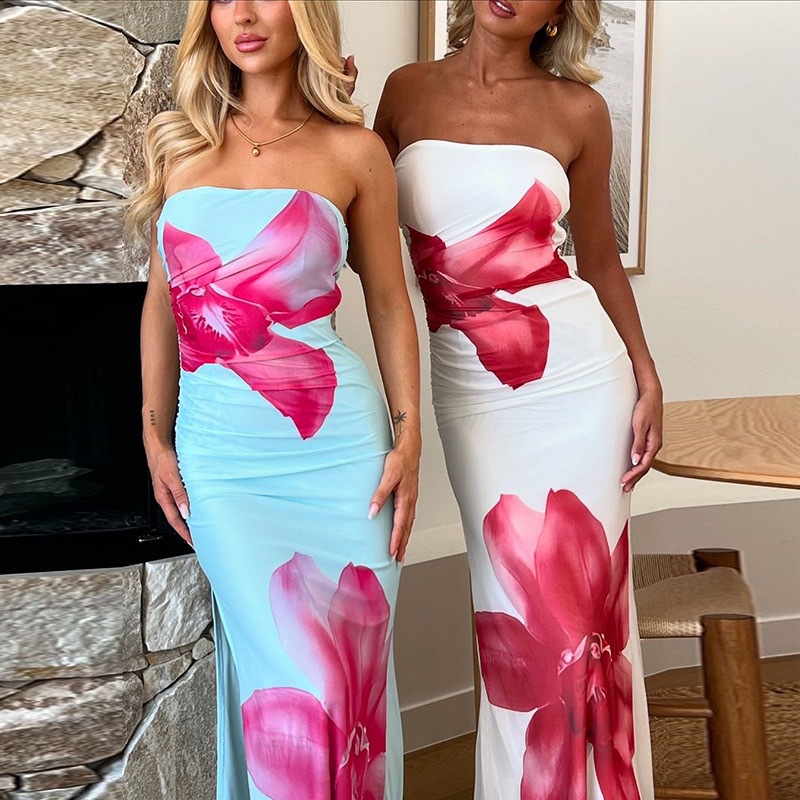 Wholesale Women's Sexy Painted Flower  Flower Holiday Daily Selfie Strapless Sleeveless Sheath Dress display picture 3