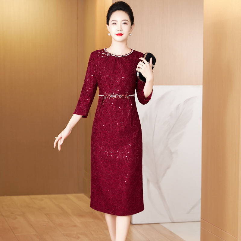 Autumn New Style Burgundy Slim-Fit Elegant Mother-In-Law Dress for Middle-Aged and Elderly Women Attending a Daughter's Wedding