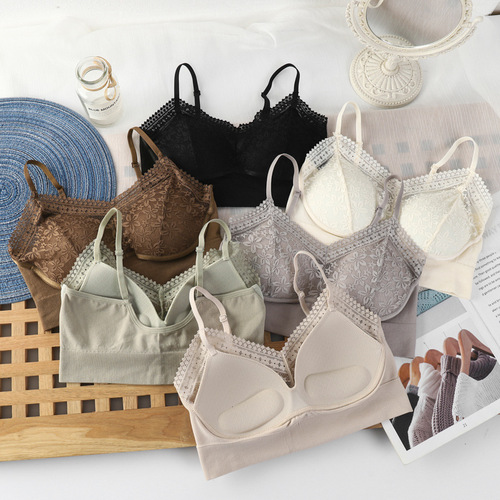 New fixed cup wrapped chest inner layer with sexy lace breathable wire-free bra and high elastic suspender underwear manufacturer wholesale