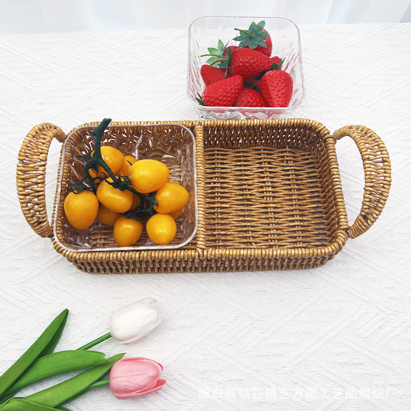 Tejido de Ratán de imitación con nuevos platos de bocadillos de alta gama de lujo ligero de acrílico, bocadillos de té de la tarde, bocadillos de frutas secas y dulces divididos en platos.