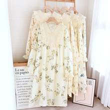 女春秋夏纯棉双层纱布睡裙薄款绉纱蕾丝长袖加肥大码家居裙中长款