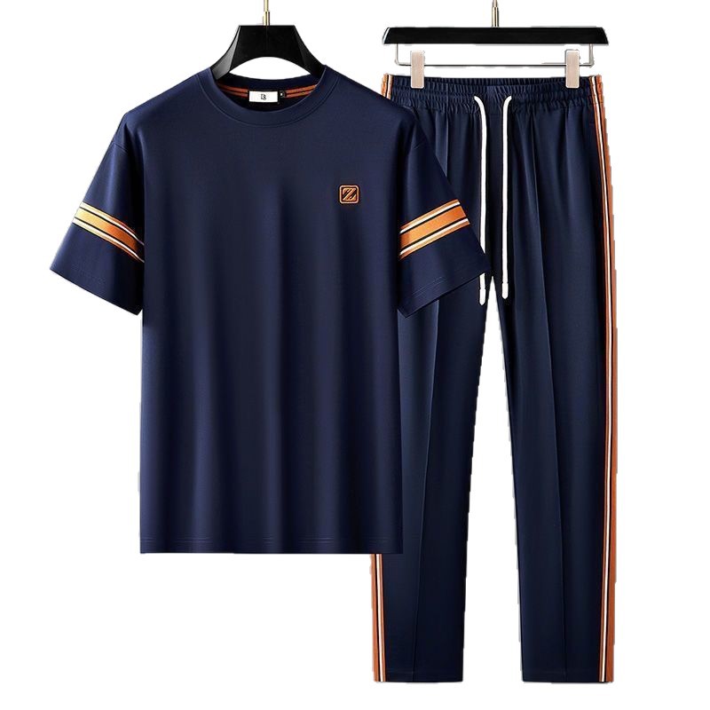 Men's New Summer Thin Sports Suit, Simple and Versatile, Fashionable Striped Embroidered Top, Casual Pants Two-Piece Set