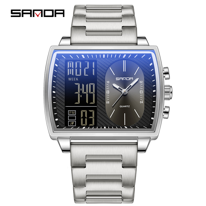SANDA SANDA 6163 nuevo reloj electrónico de moda doble pantalla multifuncional reloj de hombre impermeable calendario de luz nocturna reloj de hombre