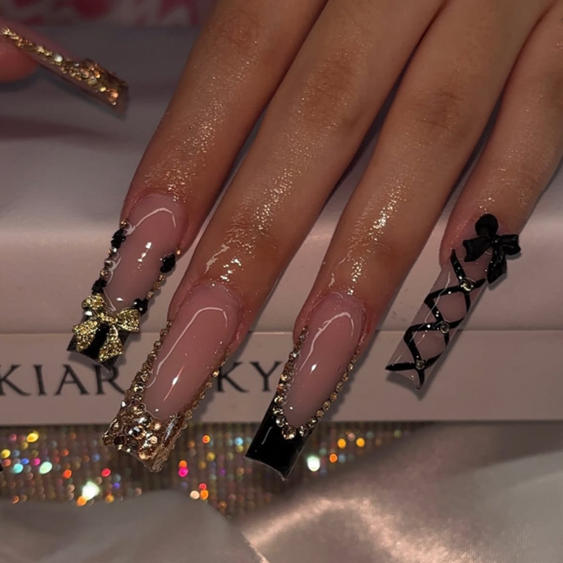 Gothic French-Style Black Long Square Nail Tips with Sparkling Rhinestones Y2K Wearable Nail Pieces Gothic French-Style Black Long Square Nail Tips with Sparkling Rhinestones Y2K Wearable Nail Pieces