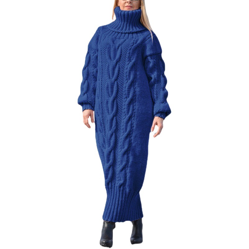 Transfronterizo europeo y americano otoño e invierno nuevo color sólido jersey de cuello alto retorcido suéter de punto suelto temperamento suéter vestido de viajero